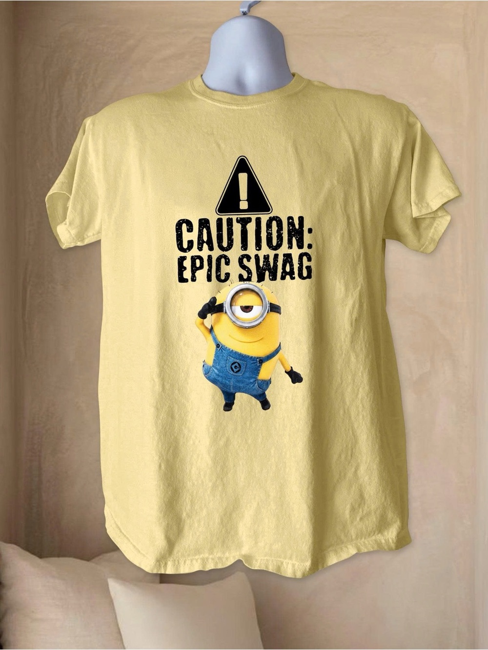 Gildan Yellow Graphic Tee with Minion "Caution: Epic Swag"